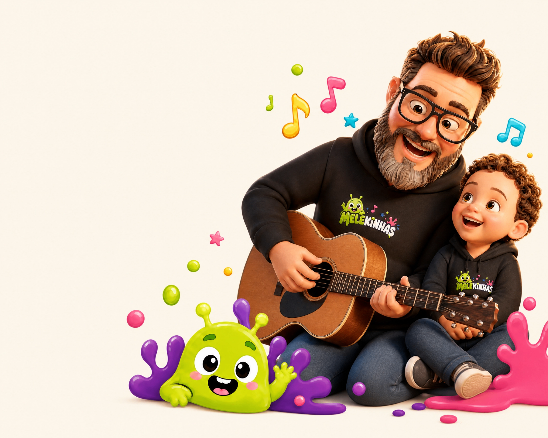 Crianças dançando e brincando com personagens Melekinhas