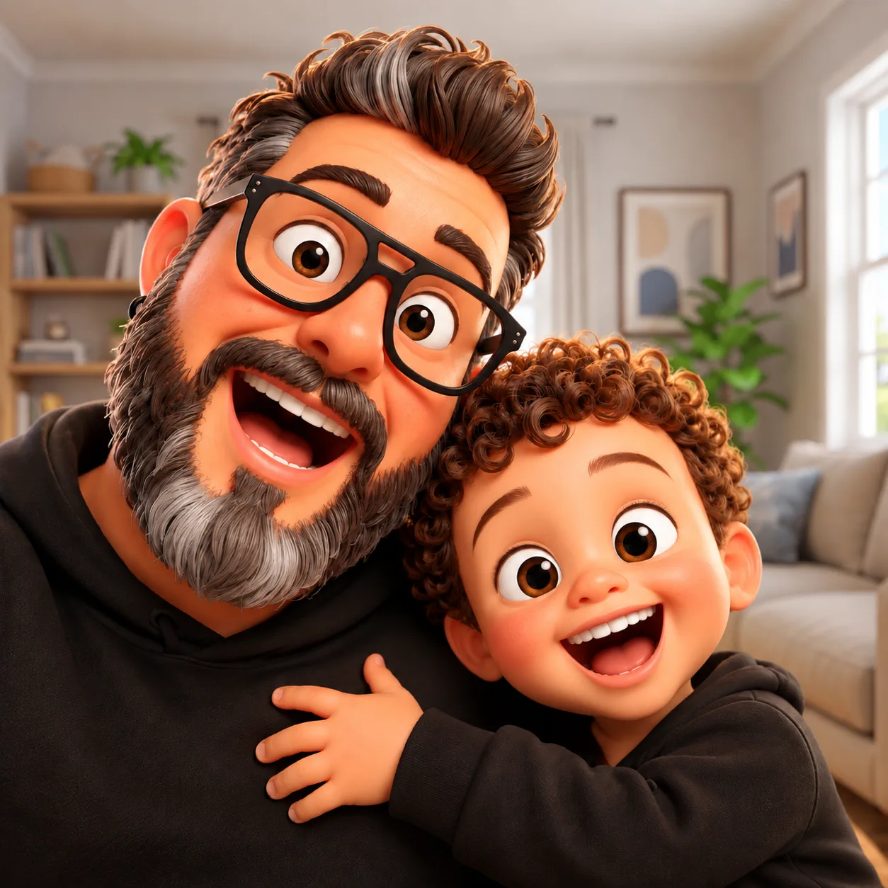 Papai Xispeto e Tetheo sorrindo e se abraçando na sala